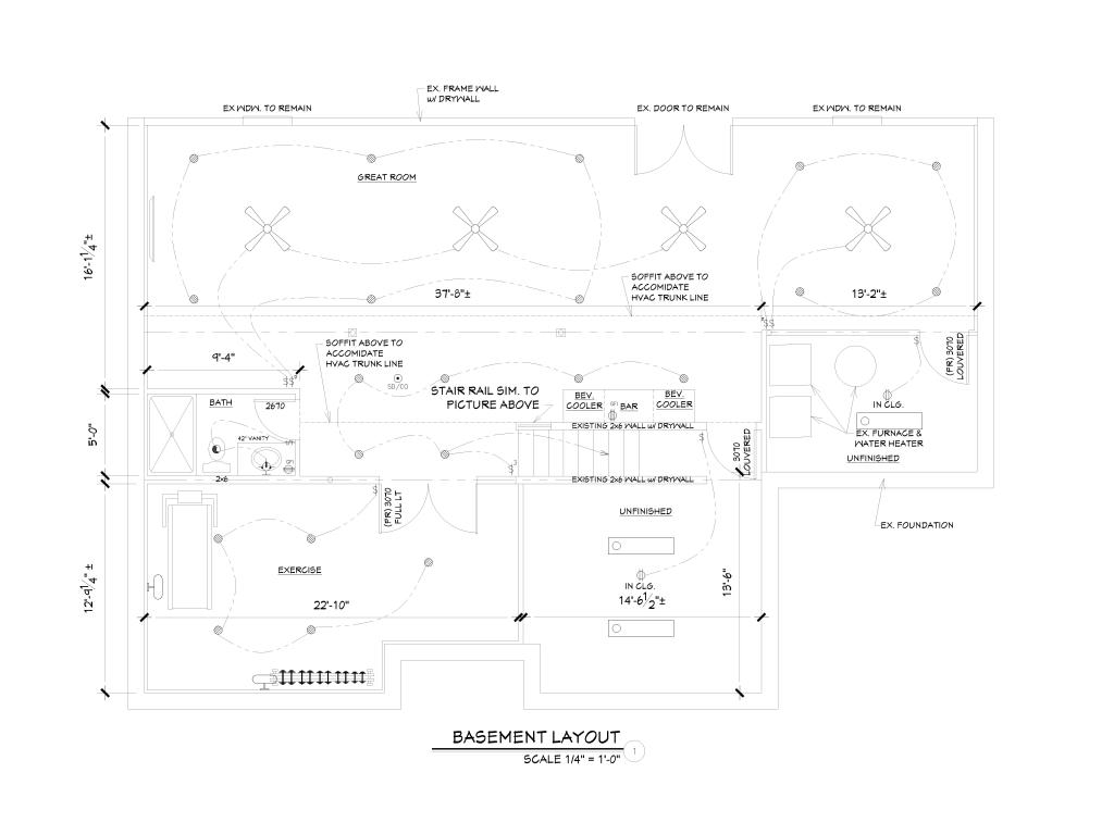 Floor plan drawing of a basement with a great room, bathroom, and home gym area.